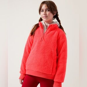 Athleta Girl So Snug Sherpa Half Zip Pullover Sweater Coral Pink size L/12 Cozy